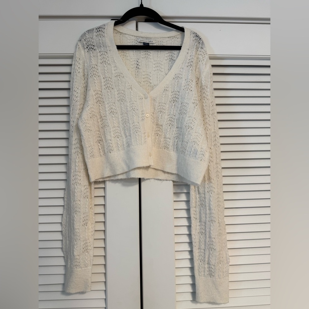 American Eagle Cropped Cream Open Knit Cardigan
